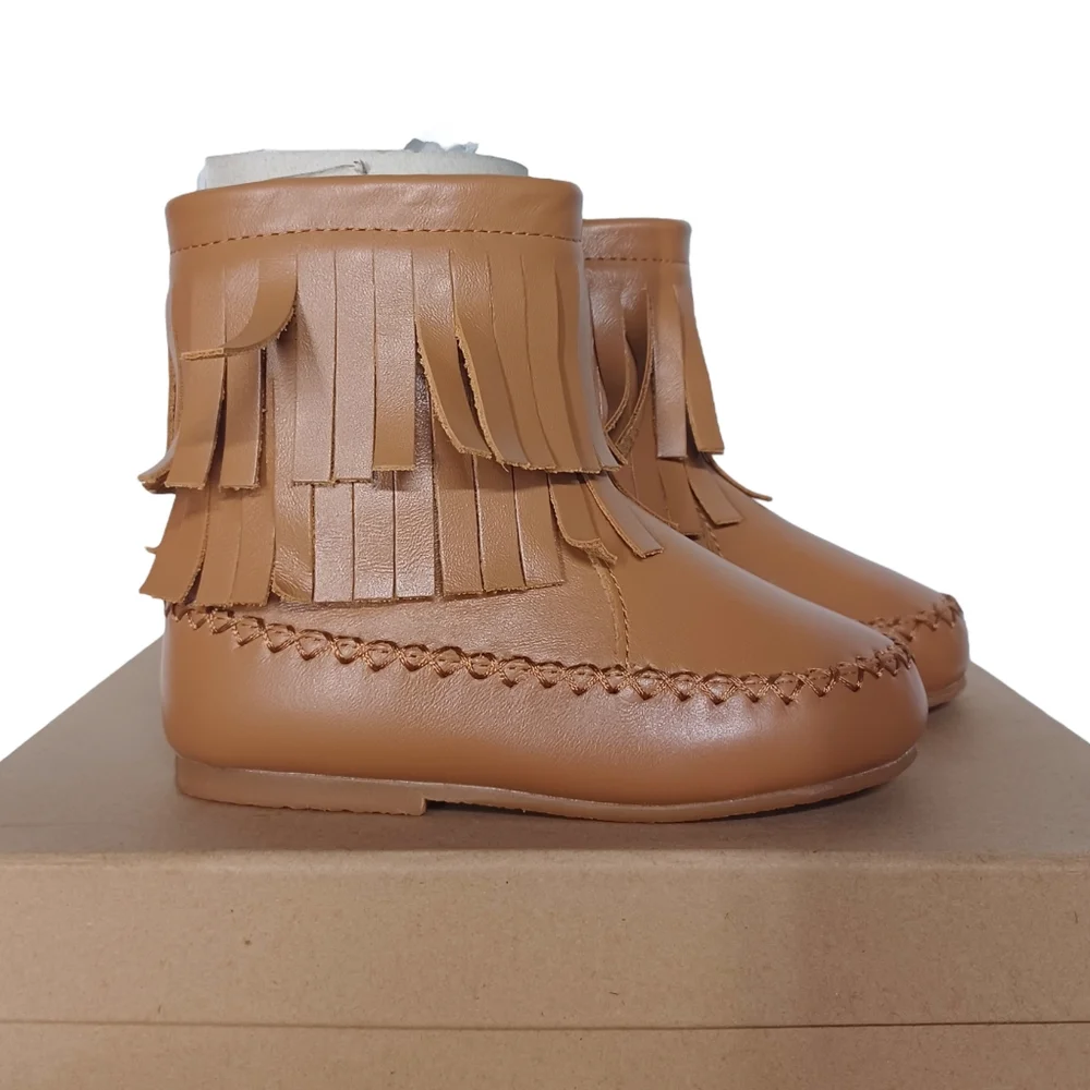 NEW SADO Cognac Brown Genuine Leather Moccasin Fringe Girl's Boots 8